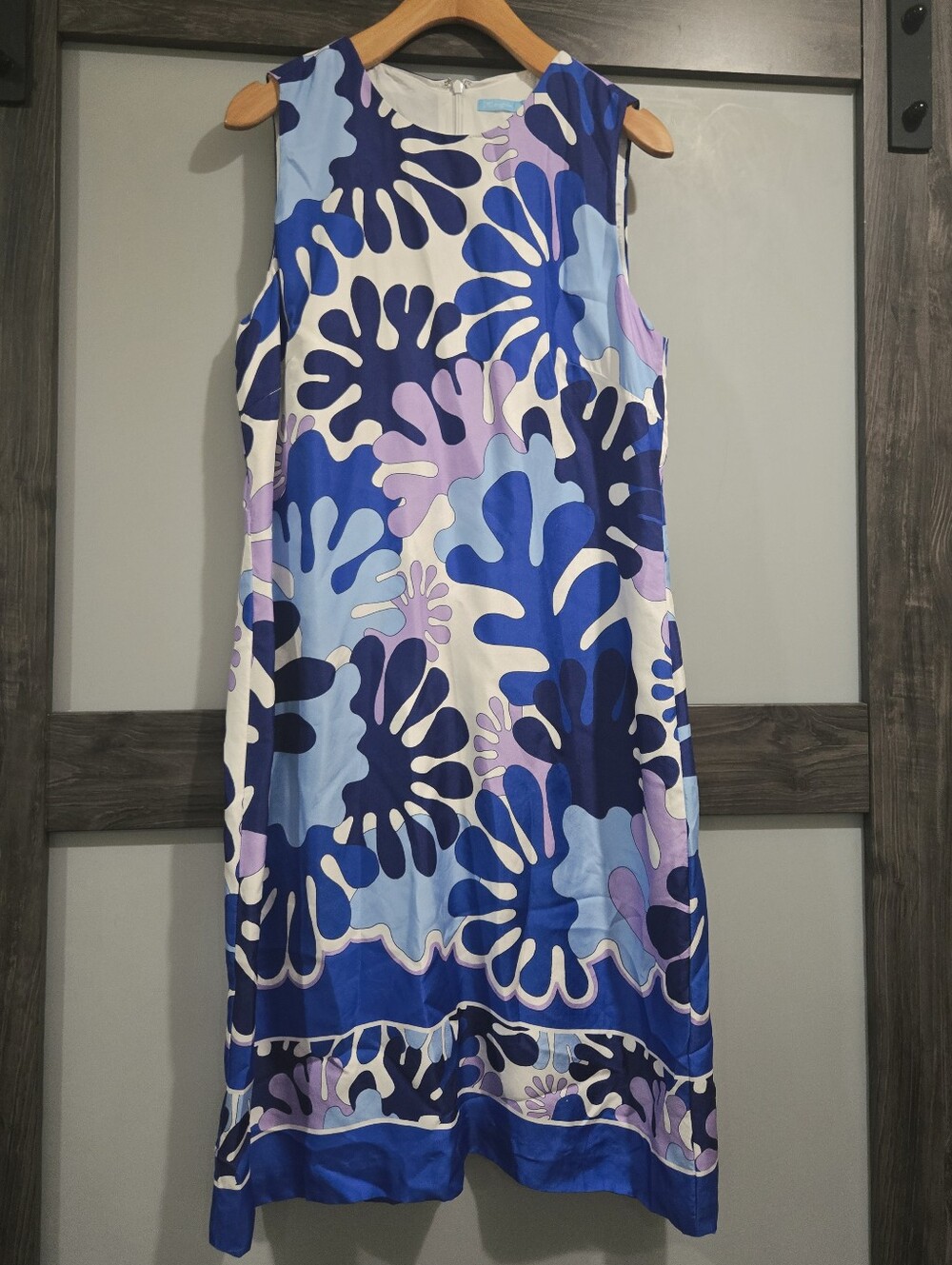J McLaughlin silk retro groovy print sleeveless sheath dress blue purple size 8 - Picture 1 of 6